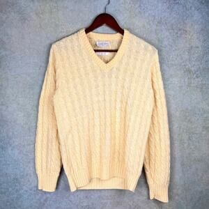 VTG 80s Lord Jeff Cable Knit Sweater Mens Sz S V Neck Yellow Gold Pullover